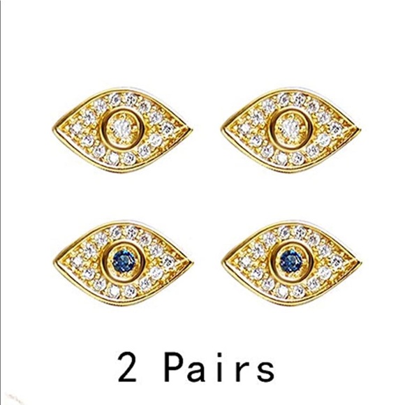 14K Gold Plated Evil Eye Earrings 2 Pairs - Picture 6 of 8